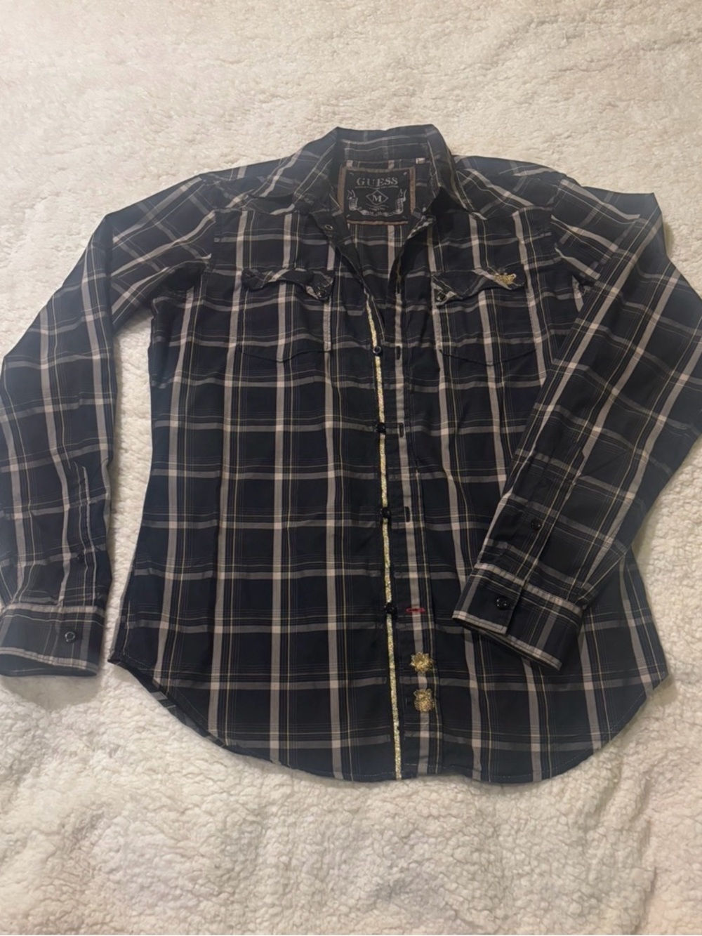 Guess Black Plaid Button-Down Shirt with Cream Stripes2233